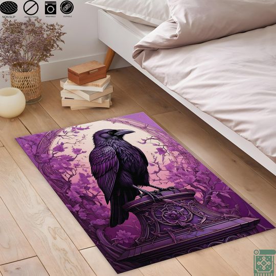 Gothic Raven Rug, Dark Academia, Purple and Black Victorian Gothic Carpet, Crow Witchcore Decor, Halloween Gift Rug