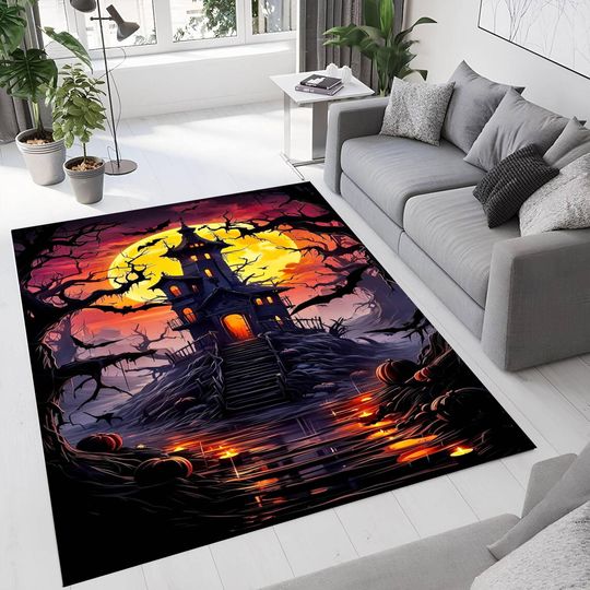 Haunted Mansion Halloween Rug, Spooky Moonlit Castle Carpet, Dark Fantasy Decor Mat