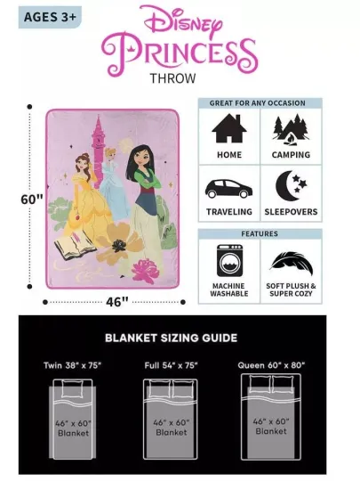 Disney Princess "Be True" Kids 46" x 60" Throw Blanket-AB0BPTHMZ644