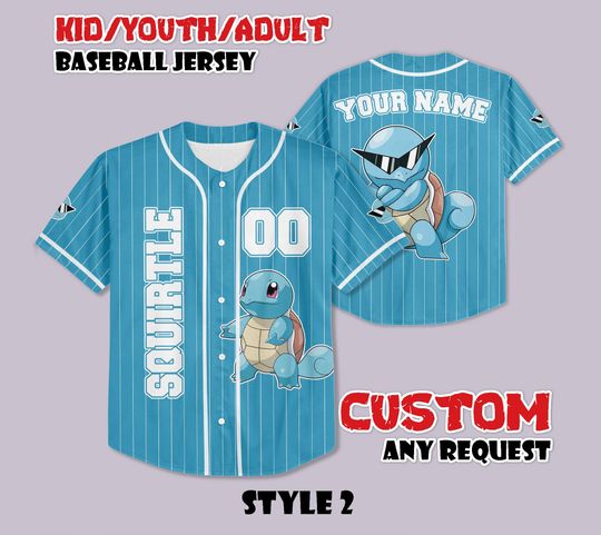 Custom PKM Squirtle Baseball Jersey, Funny Anime Baseball Tee, Personalized PKM Lover, Gift for PKM Fans, Birthday Gifts