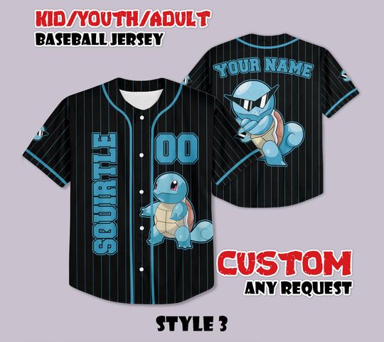 Custom PKM Squirtle Baseball Jersey, Funny Anime Baseball Tee, Personalized PKM Lover, Gift for PKM Fans, Birthday Gifts