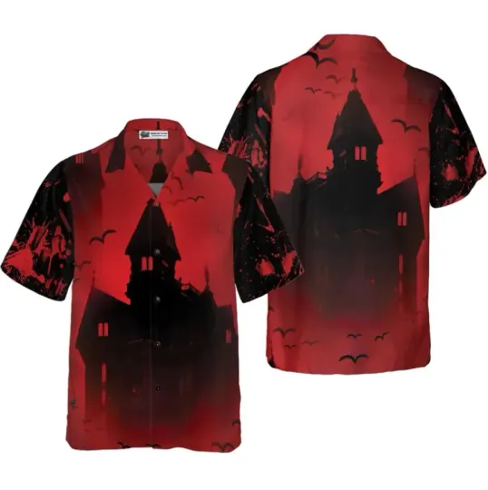 Scary Vampire Castle Halloween Hawaiian Shirt, Black Red