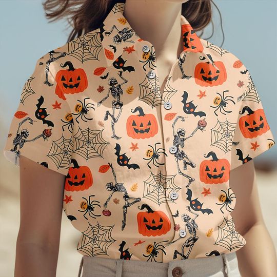 Dancing Skeleton Button Shirt, Men Shorts, Pumpkin Hawaiian Shirt, Retro Horror Holiday Shirt, Spooky Season Shirt, Halloween Gifts