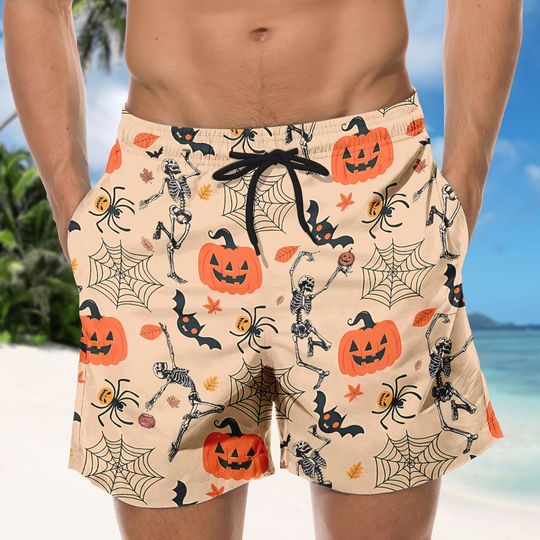 Dancing Skeleton Button Shirt, Men Shorts, Pumpkin Hawaiian Shirt, Retro Horror Holiday Shirt, Spooky Season Shirt, Halloween Gifts
