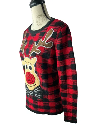 Holiday Time Ugly Christmas Sweater Women's Red  Rudolph Reindeer