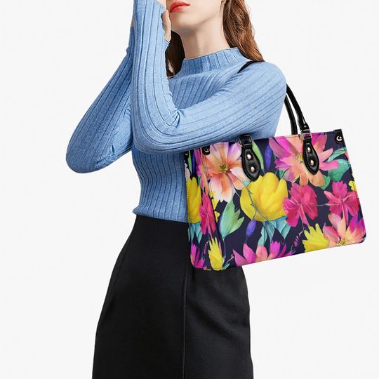 Watercolor Floral Tote Bag Vegan Leather Shoulder Bag for Spring Summer Fall