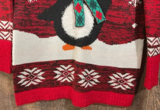 No Boundaries Ugly Christmas Sweater- Penguin in Scarf  Hat  Snowflakes-
