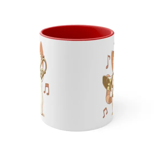 Colorful Accent Coffee Mug 11oz Cute White Cat Trombone Brass Instrument Anime