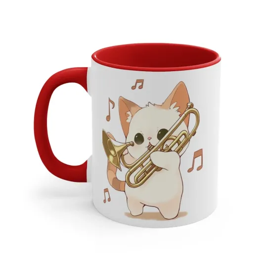 Colorful Accent Coffee Mug 11oz Cute White Cat Trombone Brass Instrument Anime