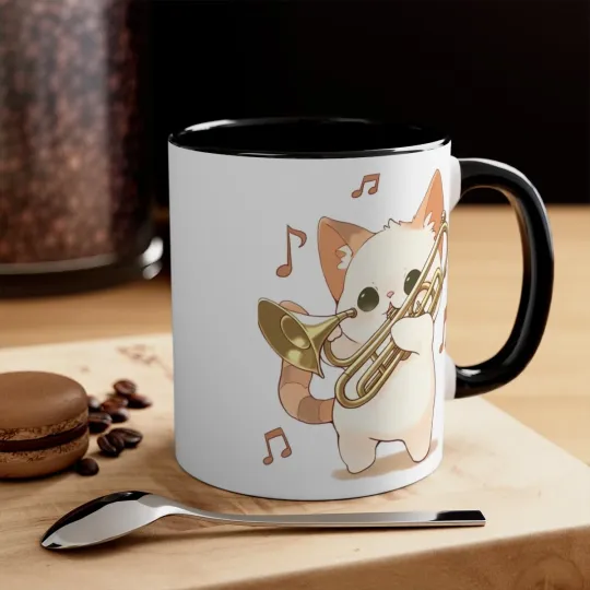 Colorful Accent Coffee Mug 11oz Cute White Cat Trombone Brass Instrument Anime