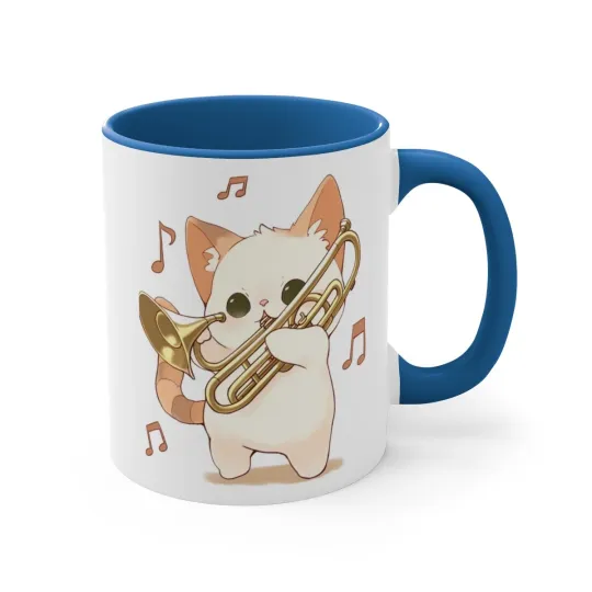 Colorful Accent Coffee Mug 11oz Cute White Cat Trombone Brass Instrument Anime