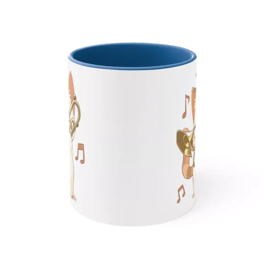 Colorful Accent Coffee Mug 11oz Cute White Cat Trombone Brass Instrument Anime