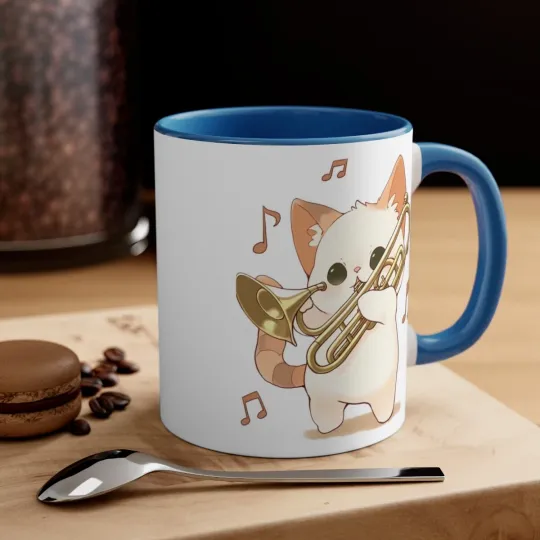 Colorful Accent Coffee Mug 11oz Cute White Cat Trombone Brass Instrument Anime