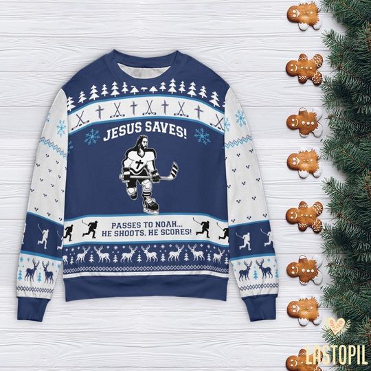 Jesus Saves Hockey Christmas Ugly Sweater Canada Hockey Sweatshirt