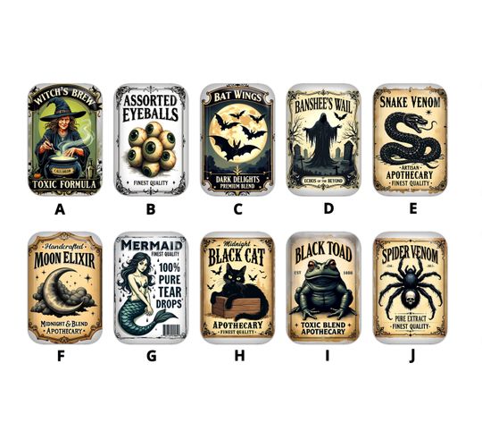 Haunted Halloween Apothecary Rectangle Magnets and Button Pins, Halloween Magnets, Halloween Button Pins, Halloween Decor