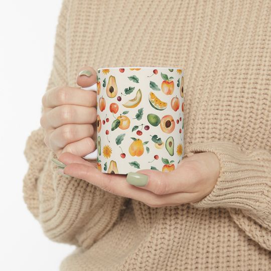 Avocado Summer Fruits Coffee Mug, Hand Painted Fruit Pattern Mug
