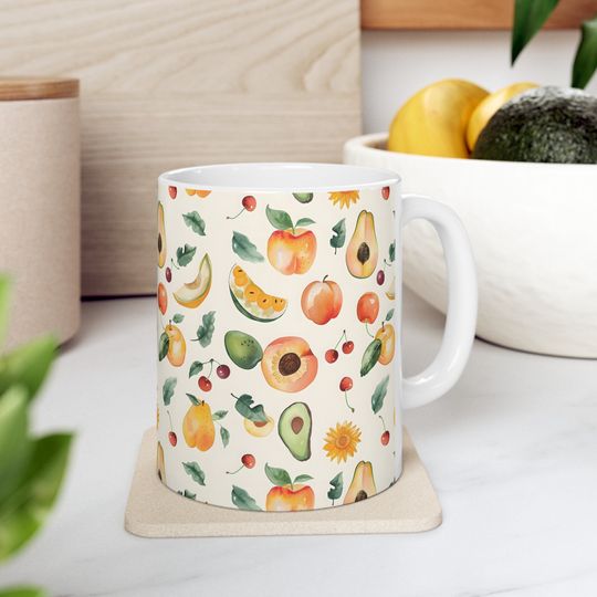 Avocado Summer Fruits Coffee Mug, Hand Painted Fruit Pattern Mug