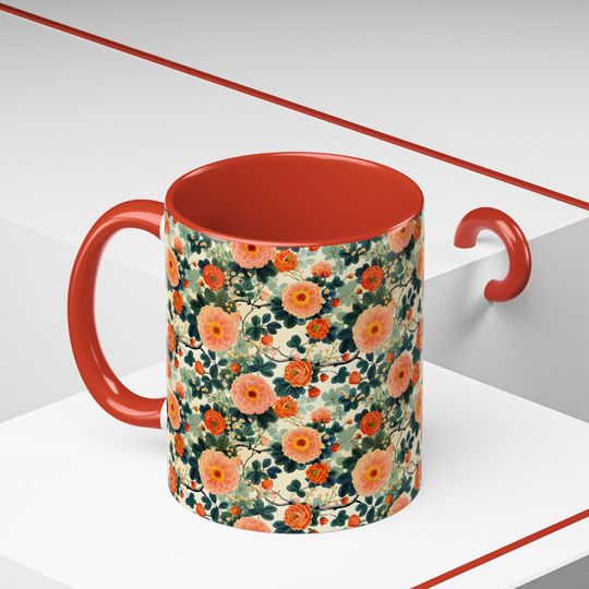 Floral Ceramic Coffee Mug, 11oz Hand-Painted Fruit Pattern Mug
