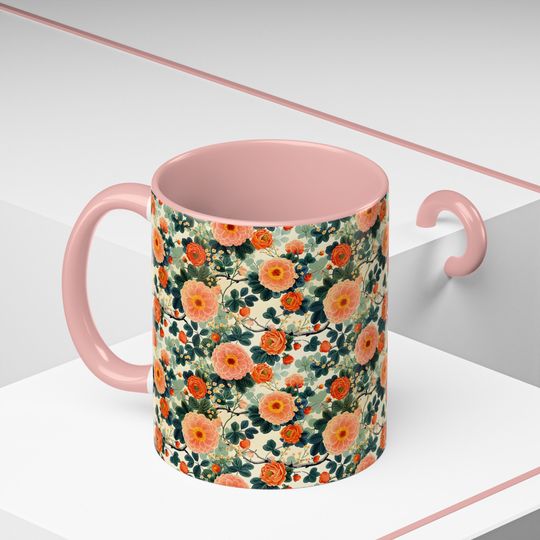 Floral Ceramic Coffee Mug, 11oz Hand-Painted Fruit Pattern Mug
