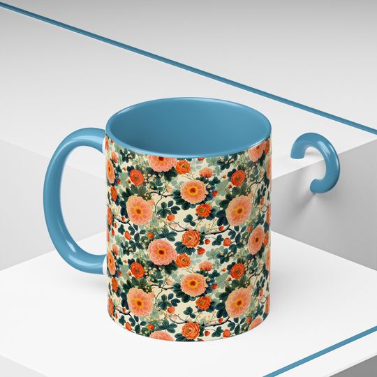 Floral Ceramic Coffee Mug, 11oz Hand-Painted Fruit Pattern Mug