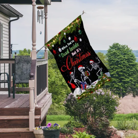 Skeleton Merry Christmas Flag, When You're Dead Inside But It's Christmas Flag
