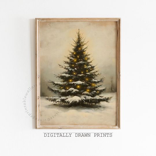 Moody Christmas Tree Print, Vintage Christmas Decor