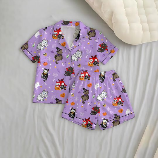 Halloween Witch Skeleton Vampire Ghost Cat Short Pajama Set with Pockets