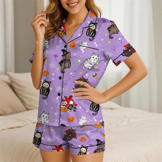 Halloween Witch Skeleton Vampire Ghost Cat Short Pajama Set with Pockets
