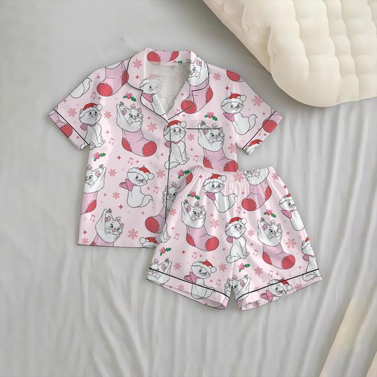 Cute Cartoon Cat Christmas Pajamas Set with Pocket