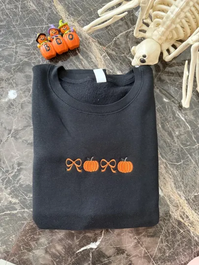 Embossed Pumpkin Sweatshirt, Embroidered Fall Pullover