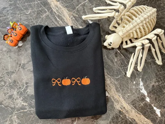 Embossed Pumpkin Sweatshirt, Embroidered Fall Pullover