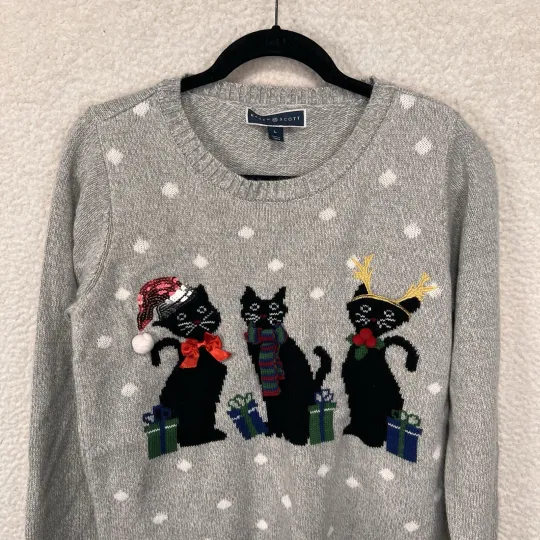 Karen Scott Christmas Cats Sweater Women’s L Gray Sequins 3D Grandmacore