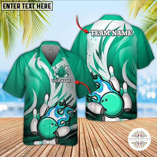Personalized Bowling Hawaiian Shirt: Animated Fire, Multicolor Pins