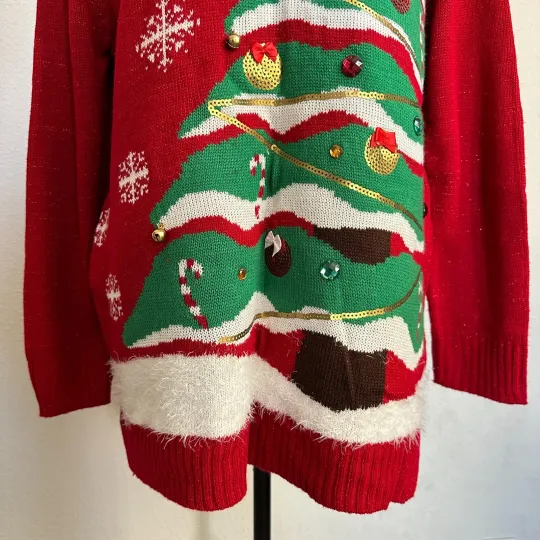 Holiday Time Sweater Women 1X Plus Ugly Christmas Tree Sequin Knit Red Pullover