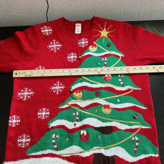 Holiday Time Sweater Women 1X Plus Ugly Christmas Tree Sequin Knit Red Pullover