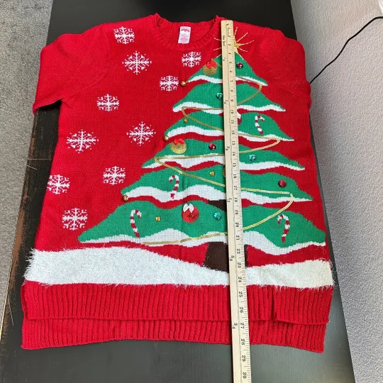 Holiday Time Sweater Women 1X Plus Ugly Christmas Tree Sequin Knit Red Pullover