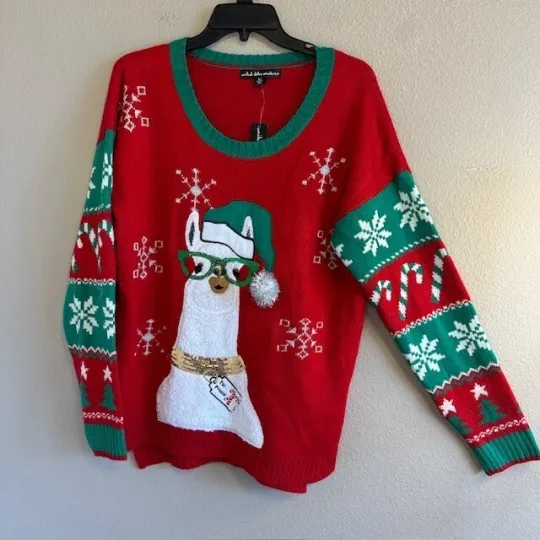 Ugly Christmas Holiday Sweater Women's Red Llama Long Sleeve Acrylic XL