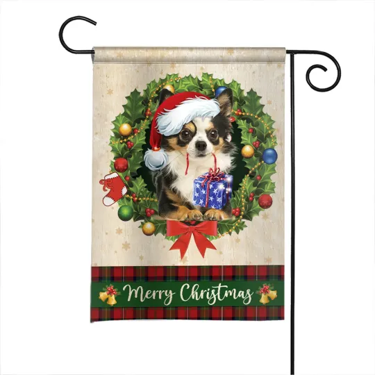 Chihuahua Dog Merry Christmas Flag, Chihuahua Dog Christmas Wreath Xmas Flag