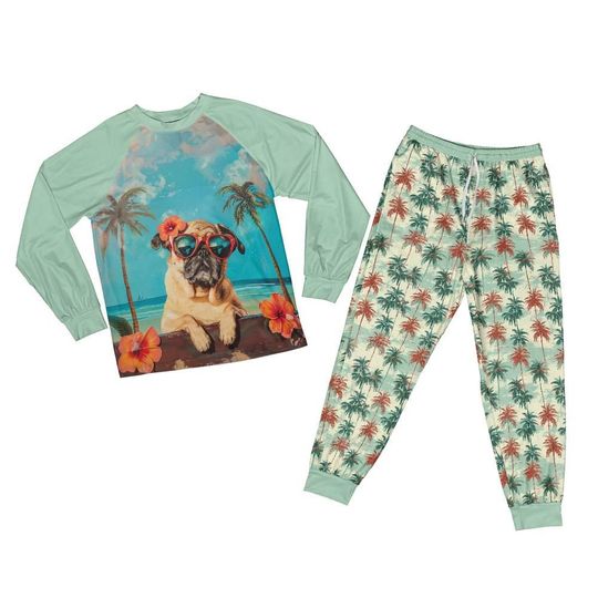 Green Summer Loving Pug Pajama Set in Youth and Adult Sizing, Retro Tropical Palm Tree Matching Family PJS