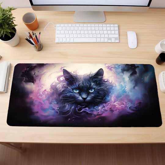 Mystic Black Cat Desk Mat with Purple Watercolor Smoke