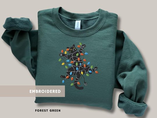 Black Cat Embroidered Sweatshirt Festive Lights Jumper Funny Holiday Jumper Cute Gift for Cat Lover Ugly Sweater Cozy Gift Cat Embroidery