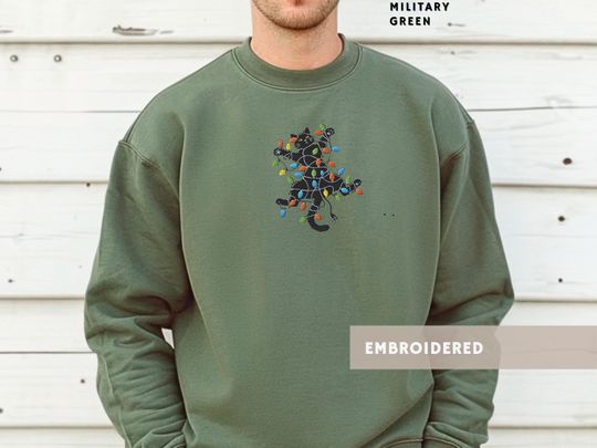 Black Cat Embroidered Sweatshirt Festive Lights Jumper Funny Holiday Jumper Cute Gift for Cat Lover Ugly Sweater Cozy Gift Cat Embroidery