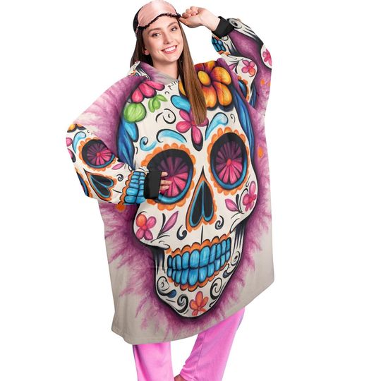 Sugar Skull Blanket Hoodie Da De Los Muertos Chicano Personalized Blanket