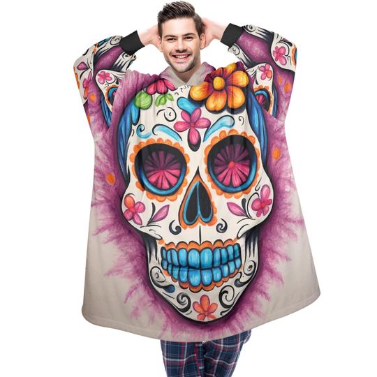 Sugar Skull Blanket Hoodie Da De Los Muertos Chicano Personalized Blanket