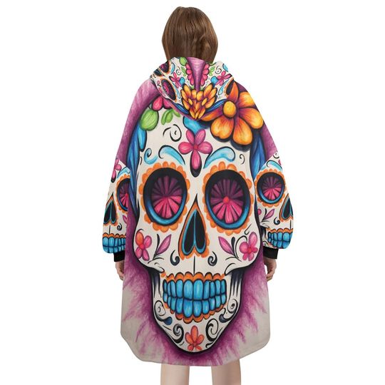 Sugar Skull Blanket Hoodie Da De Los Muertos Chicano Personalized Blanket