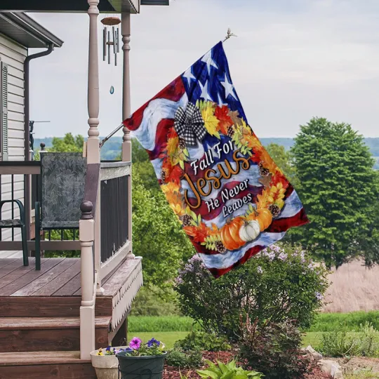 Fall Flag, Fall For Jesus He Never Leaves Halloween Thanksgiving Flag, Pumpkins