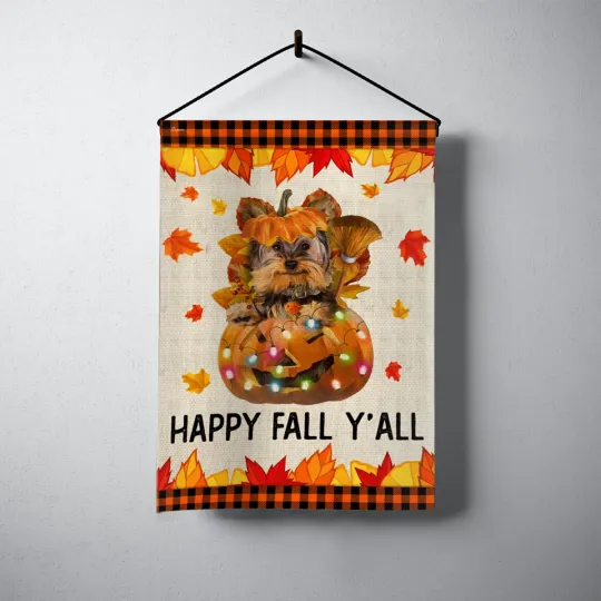 Yorkshire Terrier Dog Happy Fall Y'all Flag, Happy Thanksgiving Yorkie Dog Flag