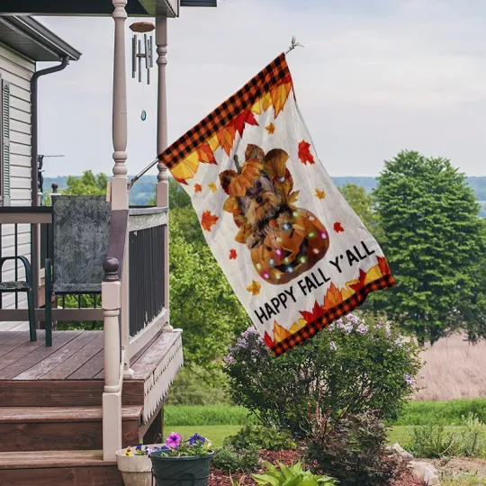 Yorkshire Terrier Dog Happy Fall Y'all Flag, Happy Thanksgiving Yorkie Dog Flag