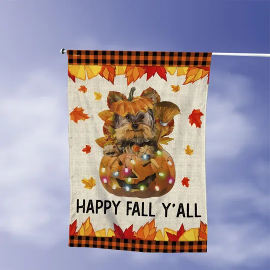 Yorkshire Terrier Dog Happy Fall Y'all Flag, Happy Thanksgiving Yorkie Dog Flag