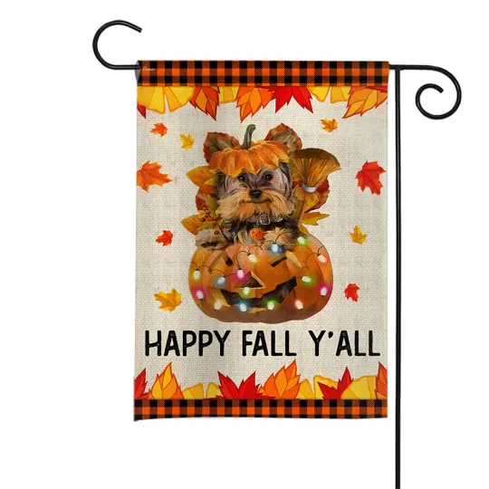 Yorkshire Terrier Dog Happy Fall Y'all Flag, Happy Thanksgiving Yorkie Dog Flag